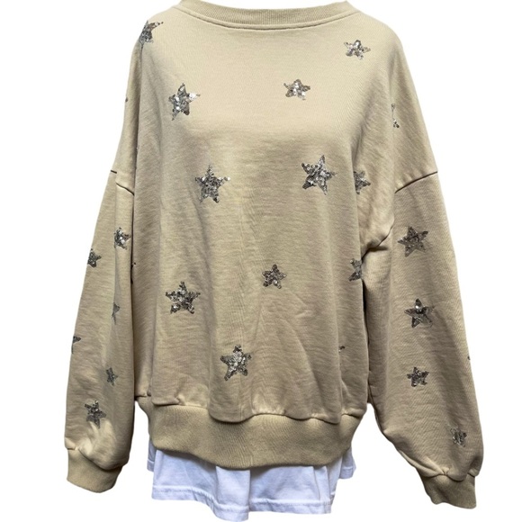 SISTER NANCY Beige Novelty Sweatshirt with Star Embellishments - Picture 1 of 6